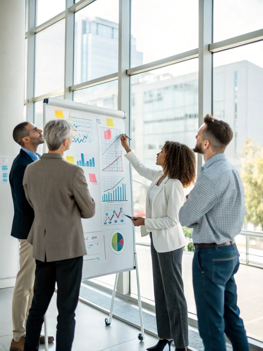 A professional photo of a team brainstorming and analyzing data on a whiteboard, representing the ROI Diagnosis phase of Pixby Agency's Google Ads strategy.