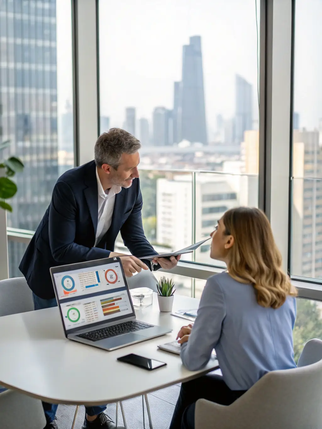 A consultant at Pixby Agency is reviewing analytics dashboards with a client, discussing key performance indicators and identifying areas for improvement in their Google Ads campaigns. The scene is brightly lit and professional.