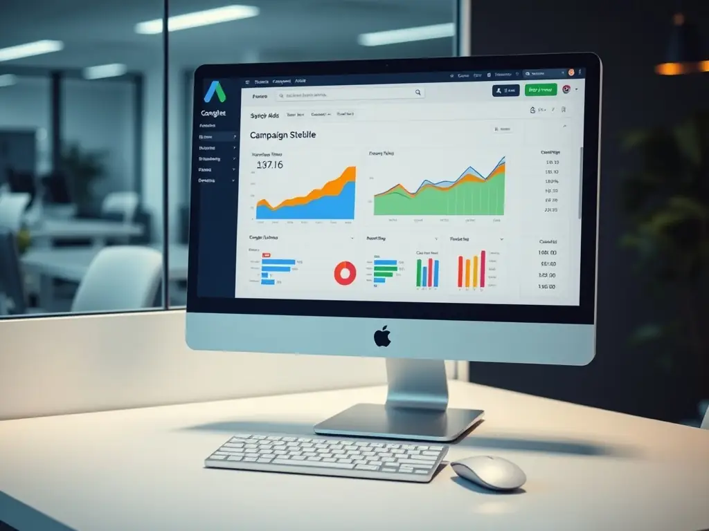 A close-up shot of a computer screen displaying a Google Ads dashboard with various metrics and graphs, highlighting keyword performance and ad spend.